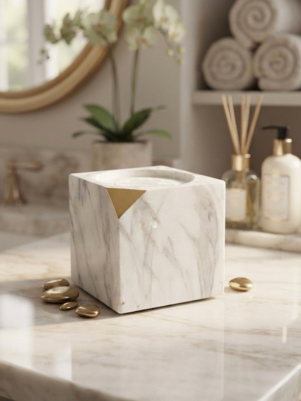 Bath & Body Works Modern White Ceramic 3-Wick Candle Holder with gold color